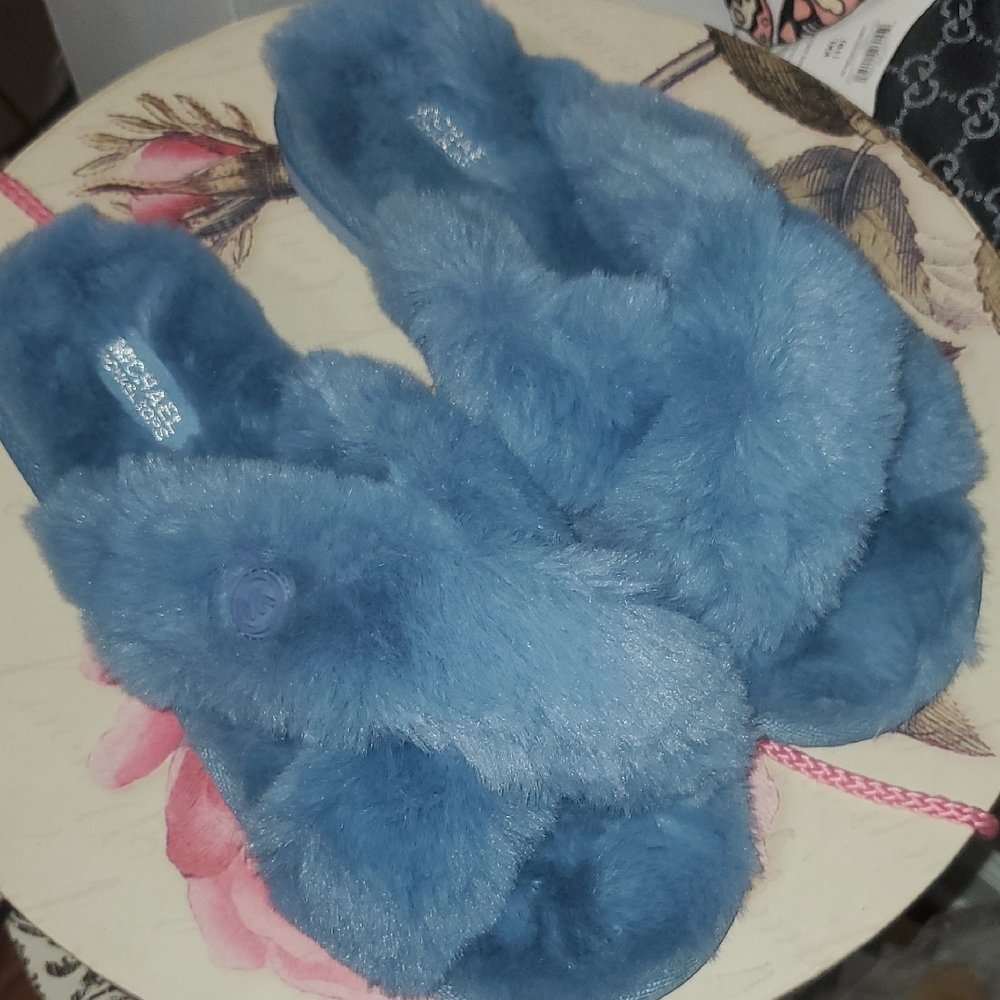 New Michael M. Kors Lala Blue Fur Crisscross Slide Slippers Size 10 - Picture 6 of 9